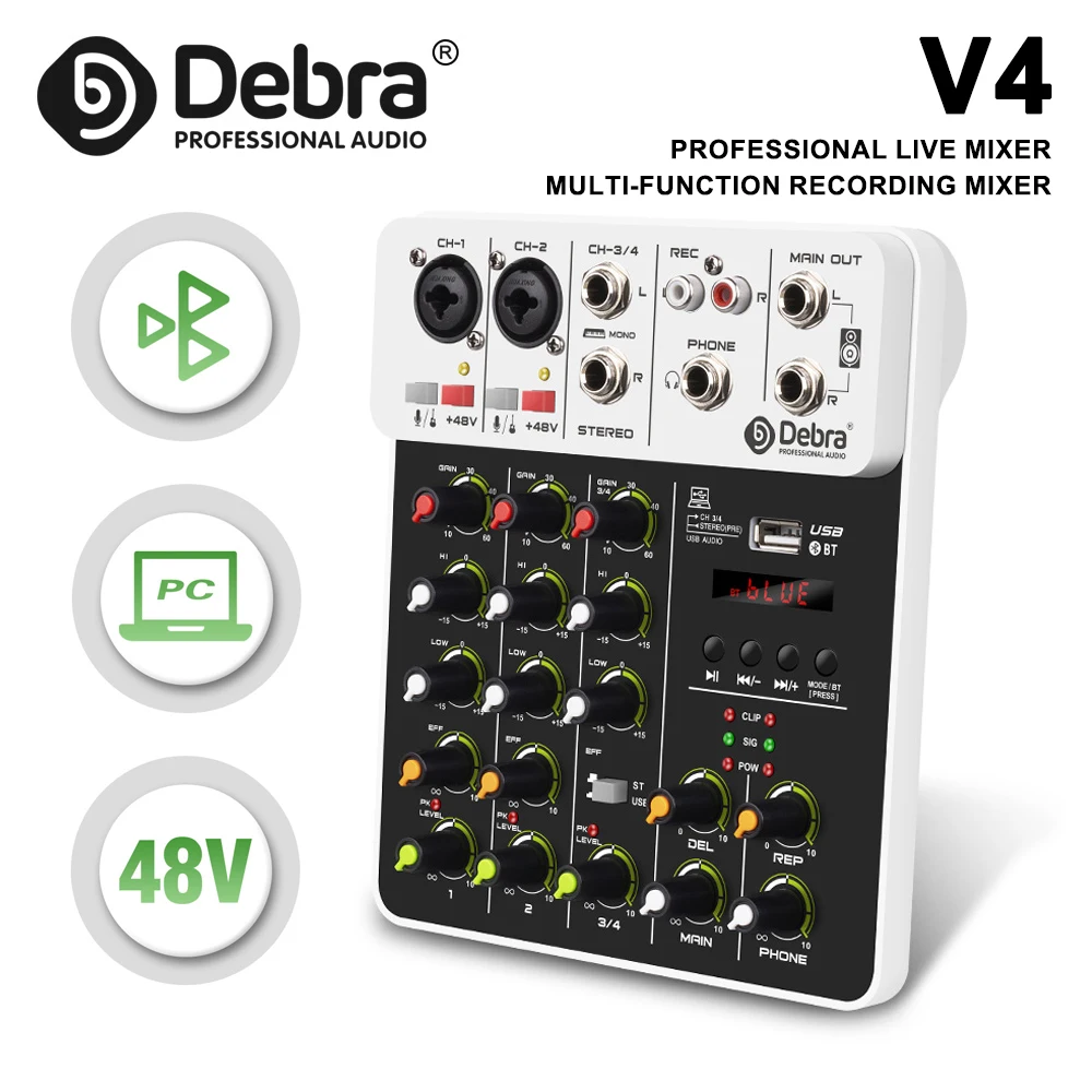 V4 audio mixer, DJ controller mixing Bluetooth phantom power delay playback effect, suitable for mixing desk, computer recording