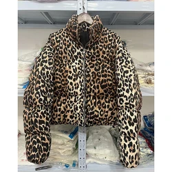 Jaquetas de algodão estampa leopardo feminina, casaco vintage, Parkas manga longa, tops femininos, casacos de inverno, roupas da moda, novas