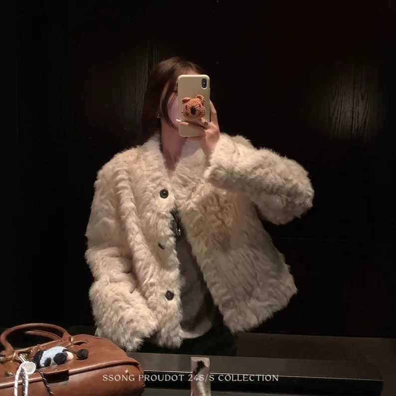 Women Faux Shearling Fur Coats Solid Fur Jackets Cotton Linen V Neck Long Sleeves Single Breasted Loose Fit Casual 2026 Winter