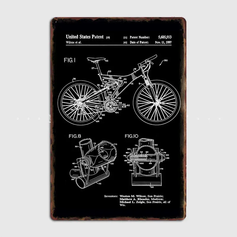Mountain Bike Patent Inventors White Retro Poster Metal Sign Garage Club Indoor Room Decor Wall Decor Custom Tin Home Decor