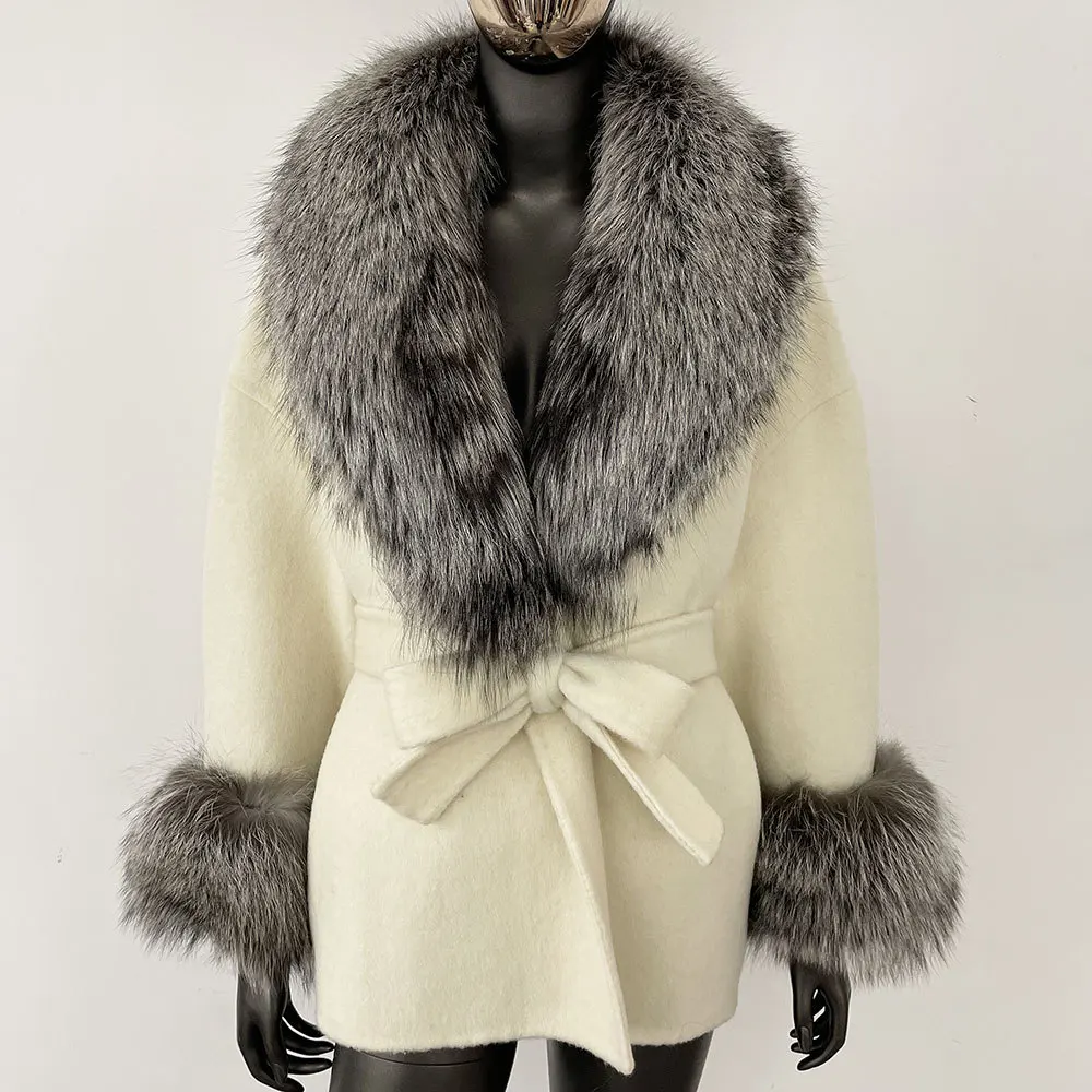 المرأة ملابس خارجية فضفاضة ملابس خارجية غير رسمية الشارع الشهير حزام جيب الشتاء سترة الطبيعية الحقيقية الراكون الثعلب الفراء يمزج معطف الصوف