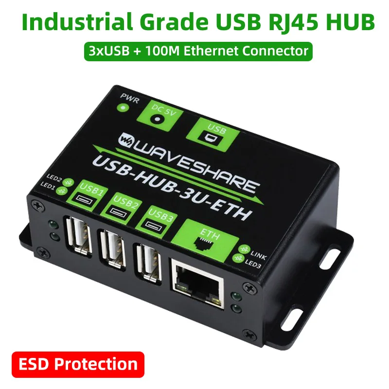 Industrial Grade Multifunctional USB HUB Extending 3 x USB Ports + 100M Ethernet Port Network ESD Over Current Protection