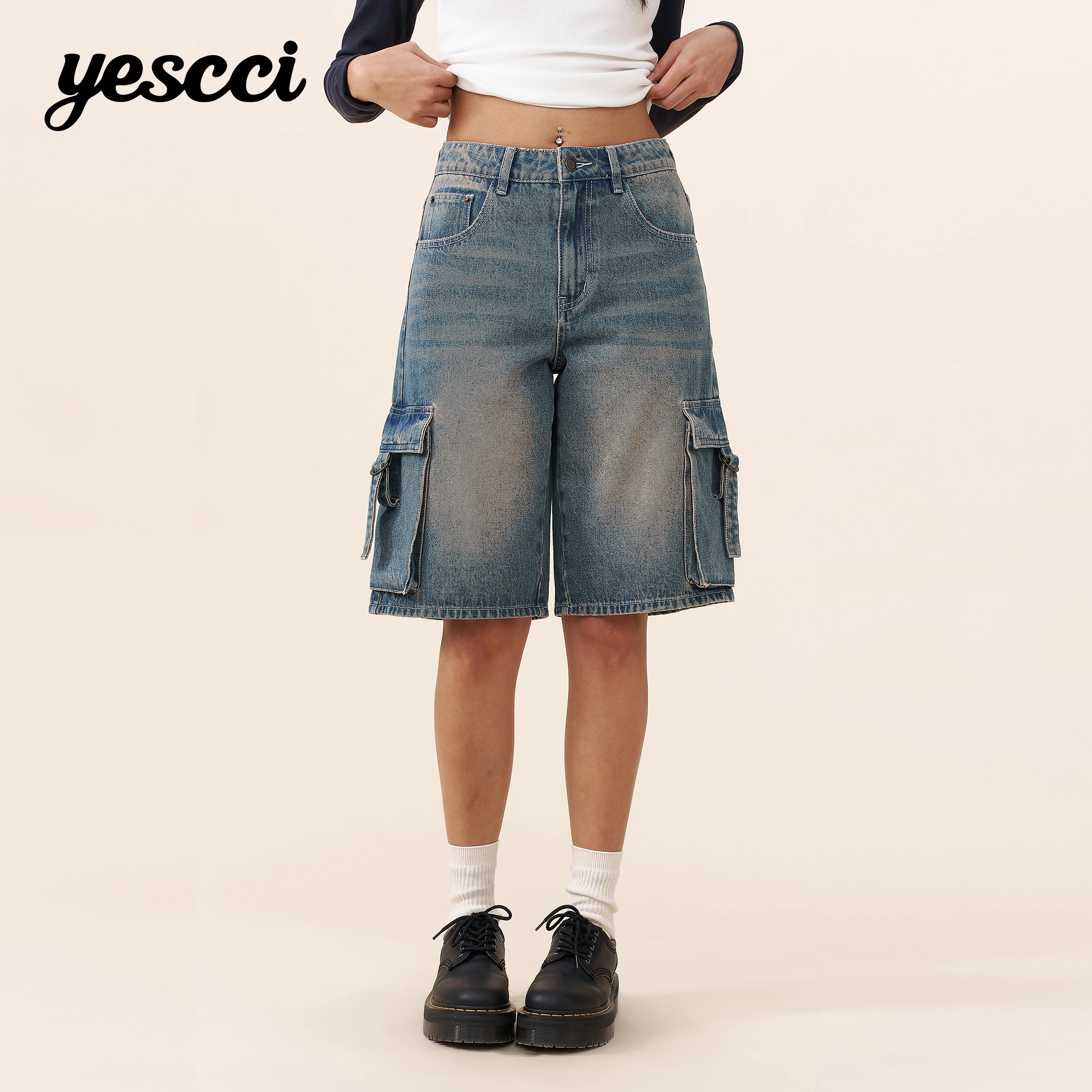 YESCCI Women's Denim Pants 2026 Summer New Distressed Pocket Streetwear Capri Jeans Retro Casual Trousers For Women S56143059