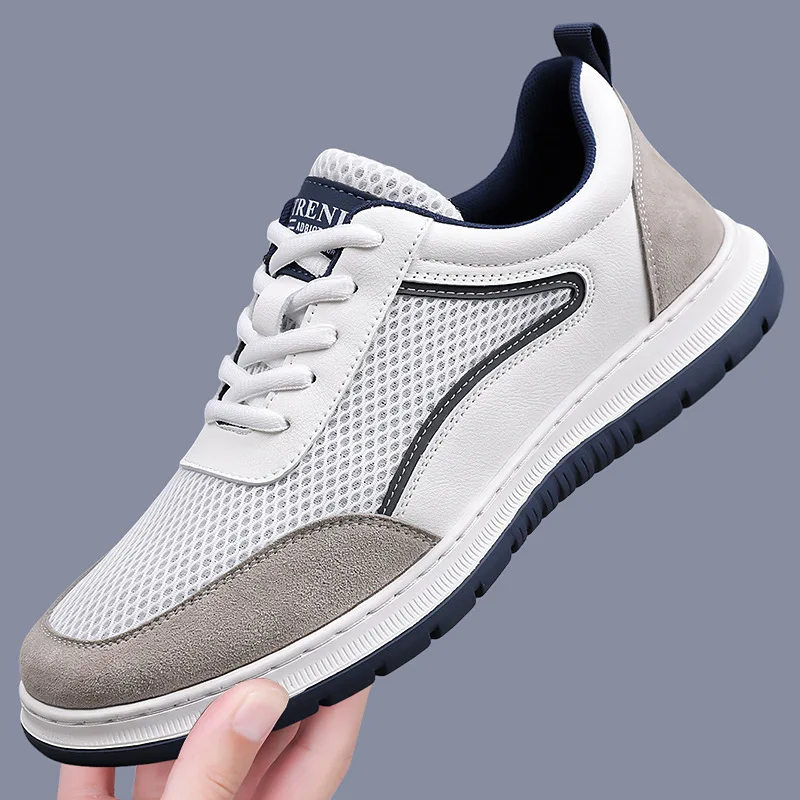 

All Match Breathable Mesh Leather Shoes Men's Casual Footwear Spring Fall 2026 Flat Platform Shoes Comfortable for Office Daily