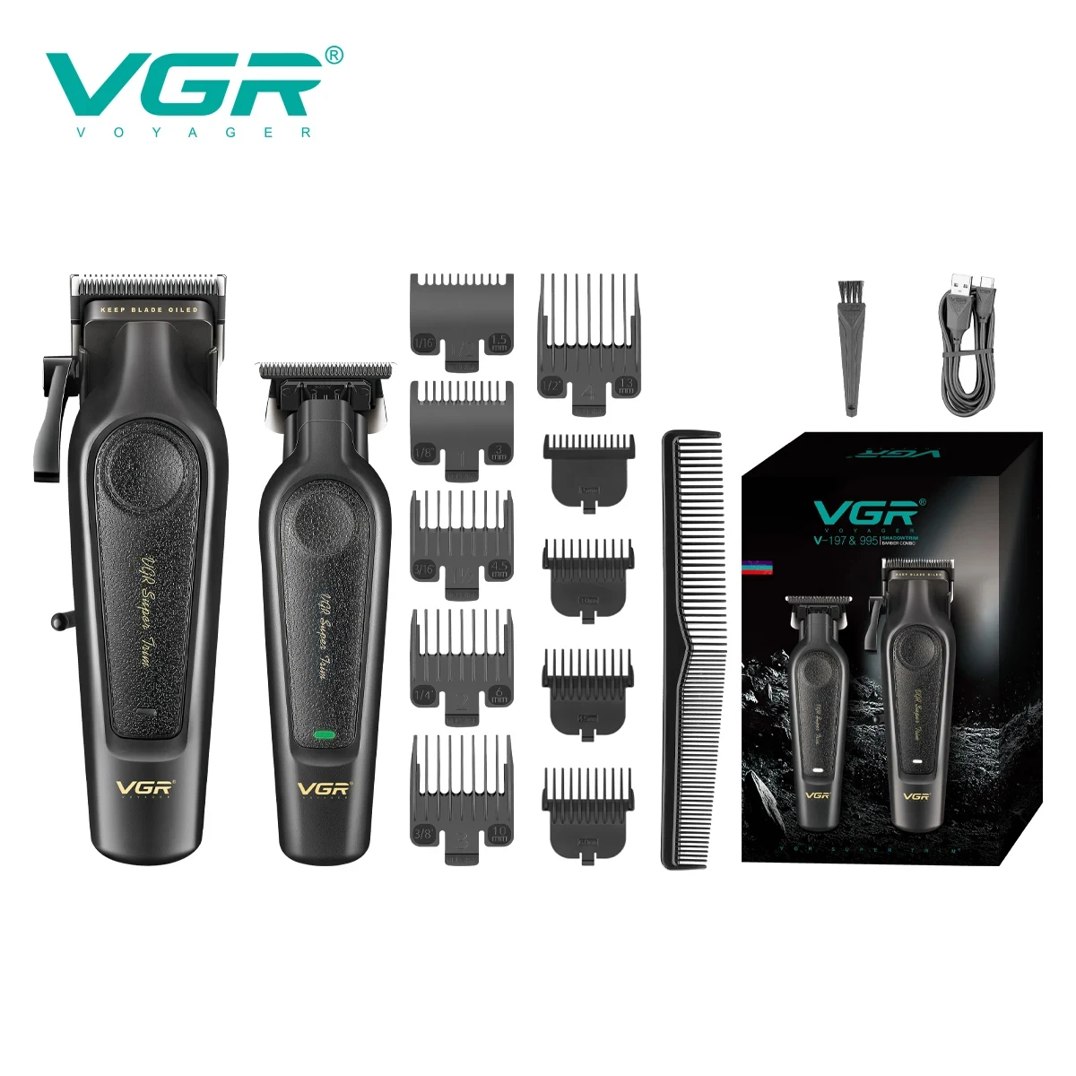 طقم ماكينة قص الشعر الراقية VGR V-197&995 مكون من قطعتين، جسم جلد معدني، مقص دفع كهربائي، شاشة رقمية LED، كارفين برأس زيت