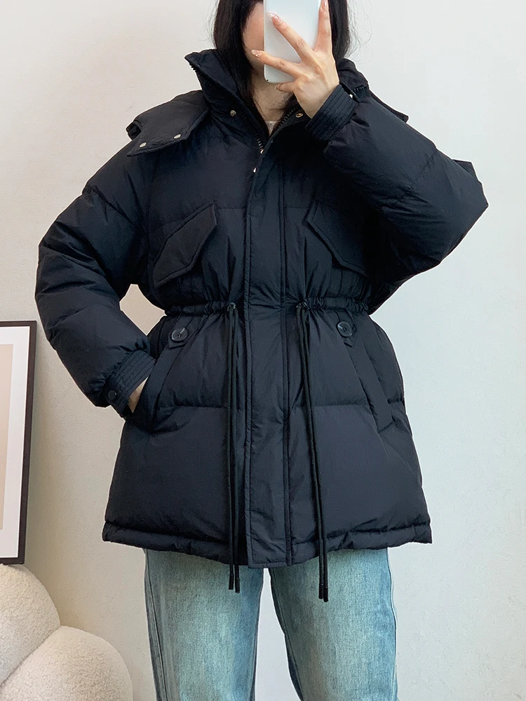 Kapuze Winter jacke Frauen Parkas neue koreanische Langarm Reiß verschluss taschen Kordel zug Mantel verdicken warme Oberbekleidung feste Mäntel