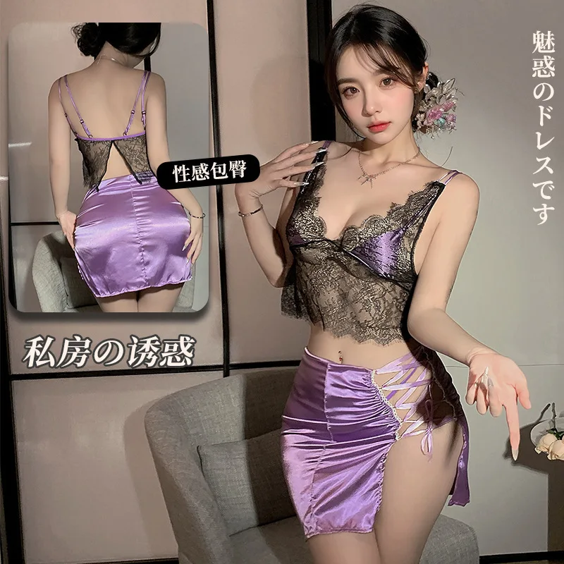 

2025 New Charm Mature Women V Perspective Split Dress Elegant Hot Sexy Uniform Hot Sexy Women V Neck Tank Mini Dress Tops Purple