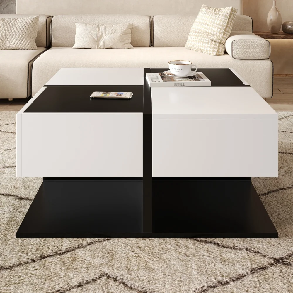 Moderner quadratischer Couchtisch in Schwarz und Weiß mit Stauraum und Schubladenschienen, 70 x 70 x 35,5 cm – Detail 3