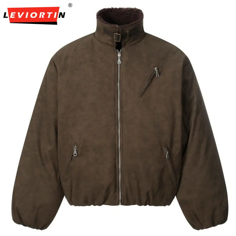 

2025 Winter men's thick lambskin leather jacket, trendy punk PU leather stand up collar cotton jacket, loose casual jacket