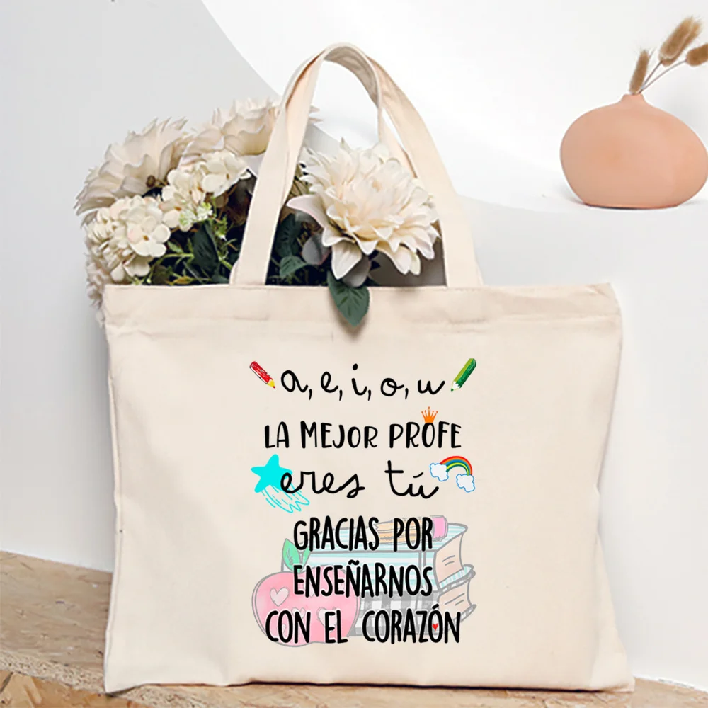 Spanish Print Women Tote Bag Book Bags Teacher Life Canvas Shopping Bags Travel Shoulder Bag Graduate Thanks Gifts for Teacher