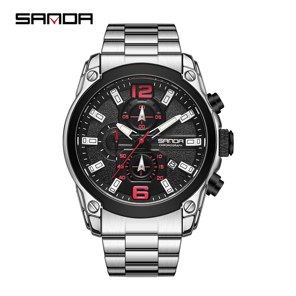 

SANDA 5305 Fashion Business Quartz Wristwatch Waterproof Stopwatch Round Dial Steel Strap Design Date Fluorescence Men Watch