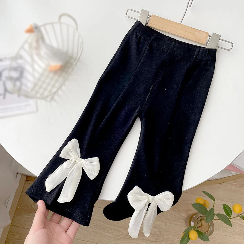 Summer Kids Pants Clothes with Bow Solid Baby Solid Trousers Flare Pants Cotton Spring Loose Children Pants for Girls 1-9years