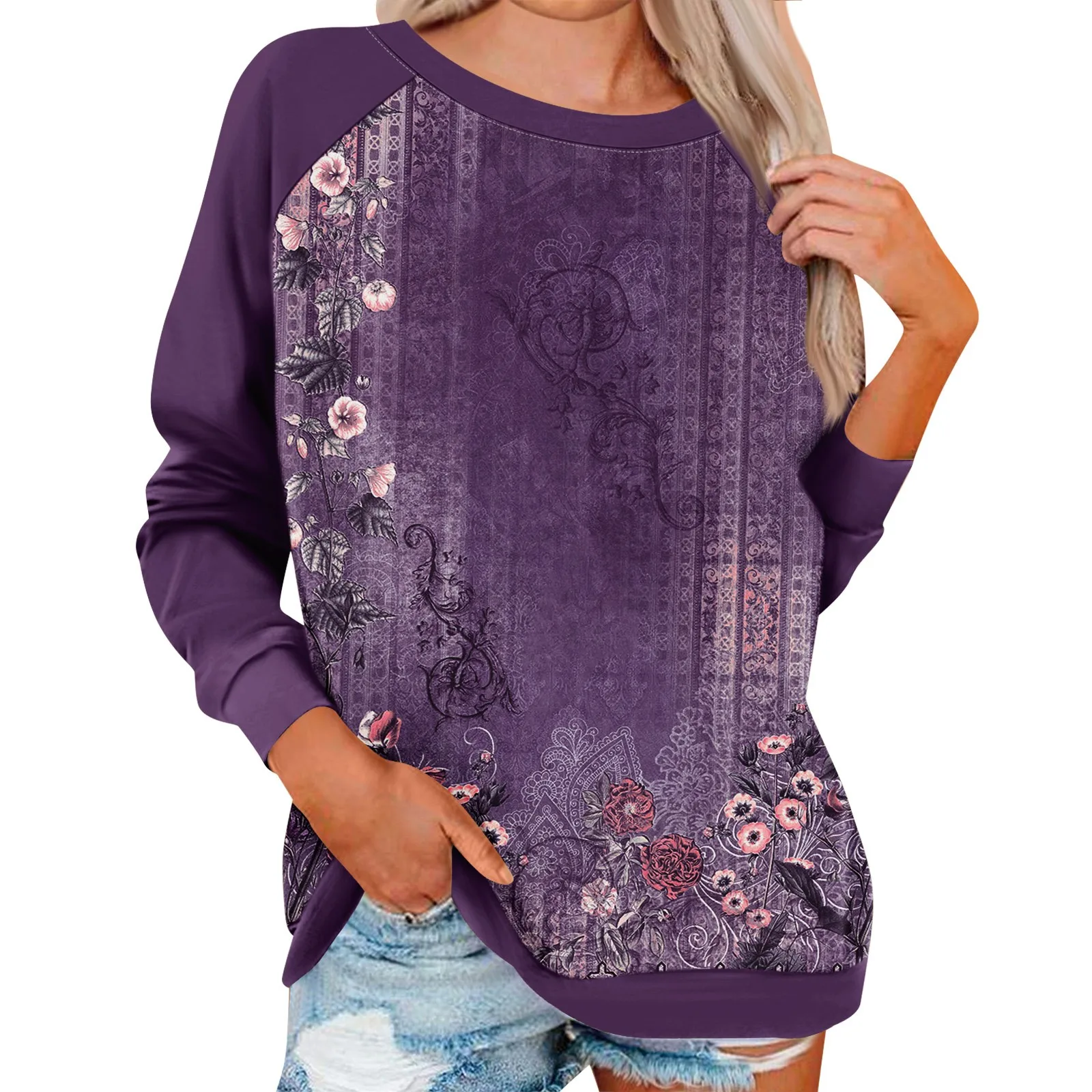 Damen ethnischen Stil Blumen gedruckt lose Langarm Rundhals Pullover Top Mode Retro lässig und vielseitig dünnes Hemd