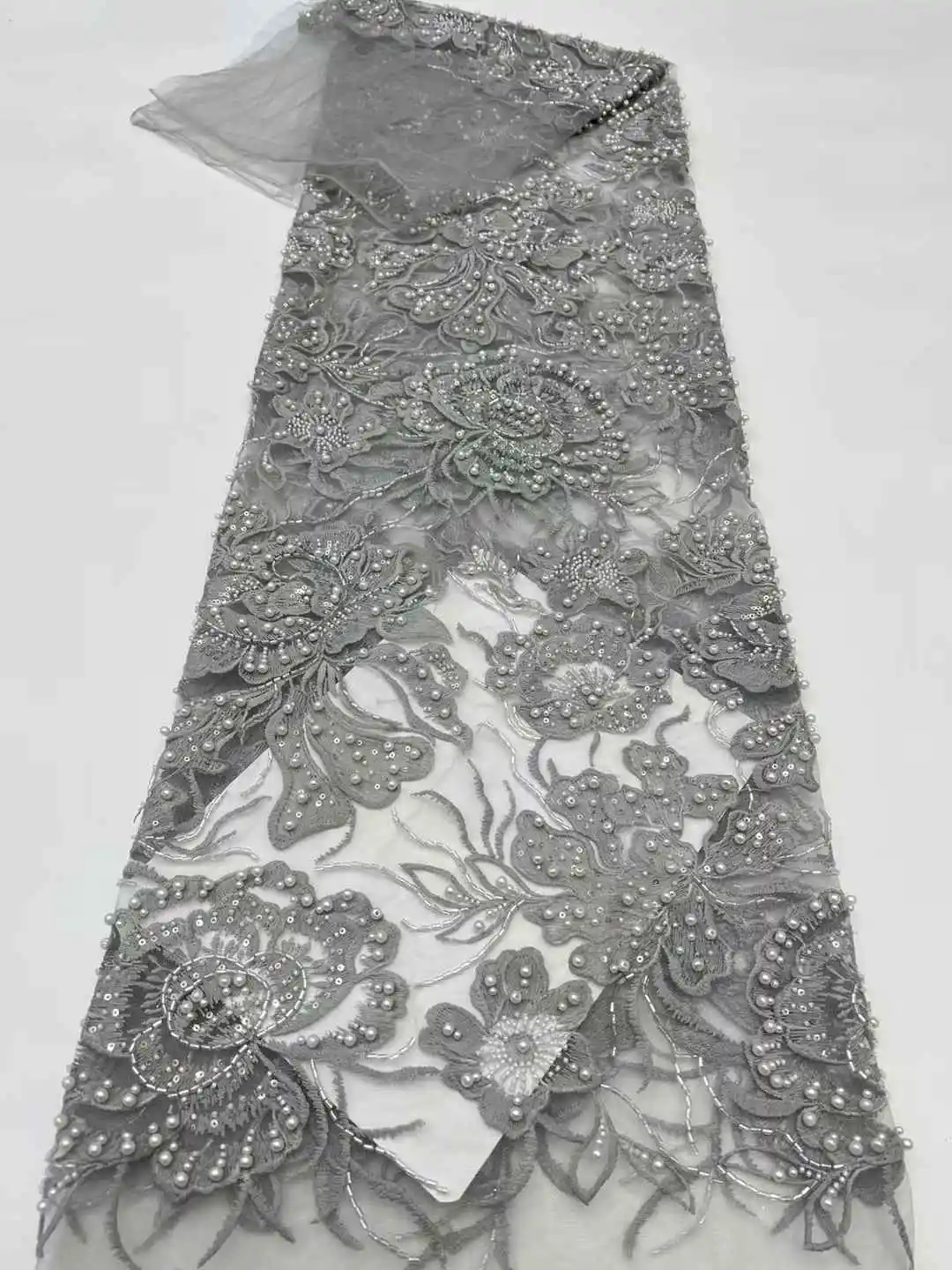 

2025 African French Nigerian High End Tulle Lace Fabric With Beads Sequins Mesh for Embroidery Wedding Party Bride Sewing Dress