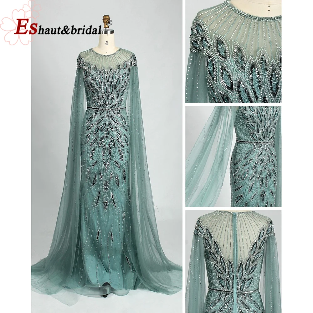 Elegant Arabic Mermaid Beaded Evening Dress for Women 2023 Luxury Long Cape Sleeves O Neck Formal Prom Wedding Party Gowns