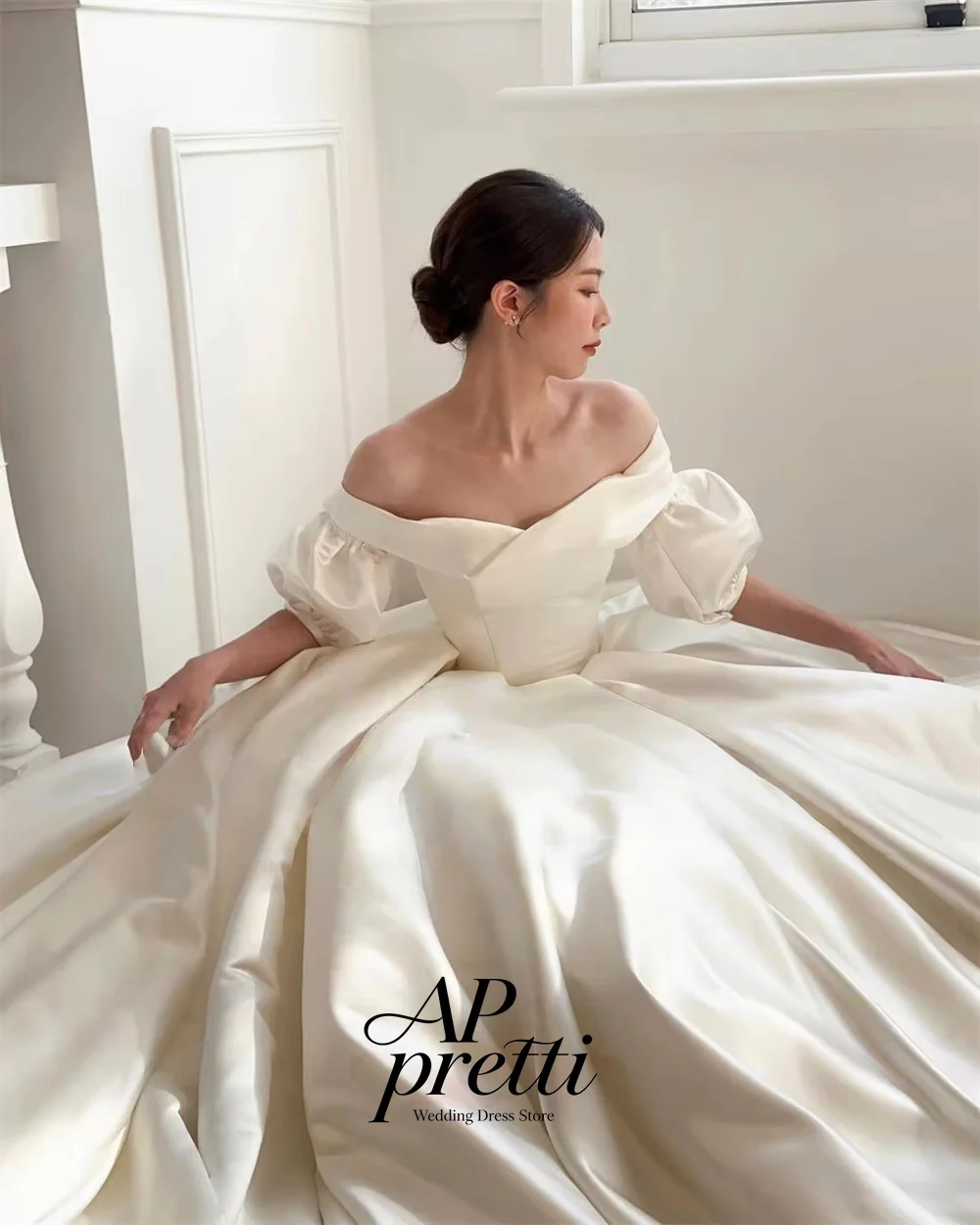 AP pretti Princess Ivory Off Shoulder Puff Sleeve Satin Korea Wedding Dress Photo Shoot Ball Gown Bridal Gown Customized