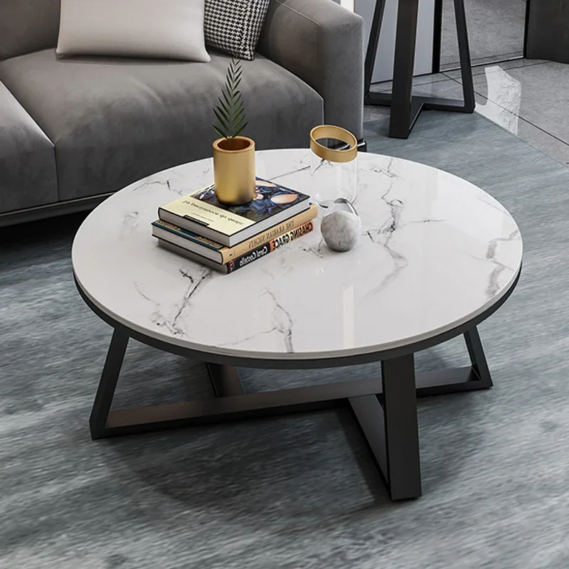 

88.Italian minimalist living room rock slab round coffee table metal industrial wind stainless steel titanium coffee table