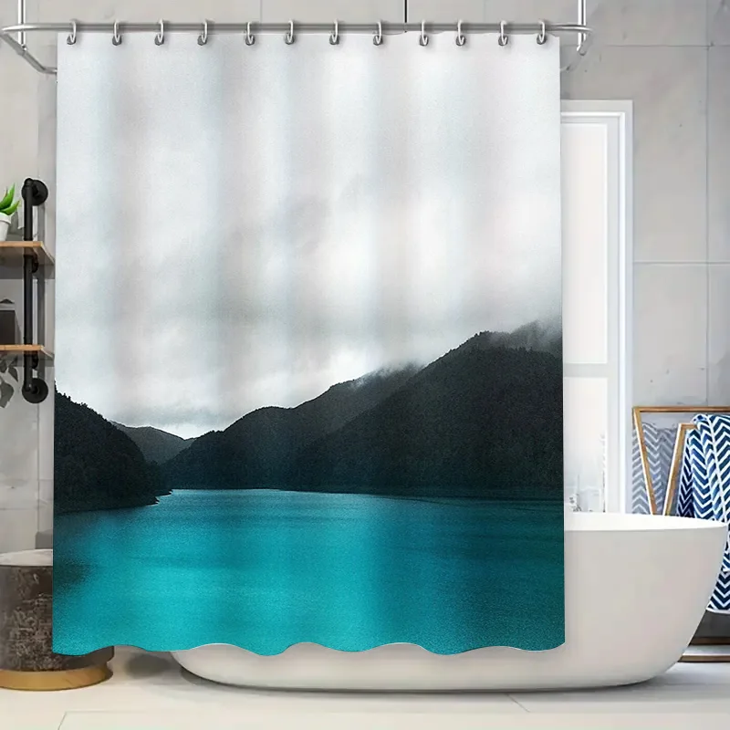 Mountain Lake Waterfall Nature Shower Curtain Forest Serene Landscape Backdrop Bathroom Decor Artistic Scenic View Premium Quali