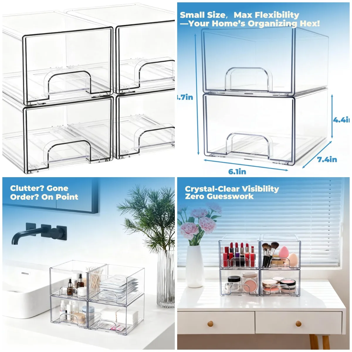 

4 Pack Clear Acrylic Storage Drawers, Stackable Bathroom Makeup Organizer for Vanity, Cabinet, Pantry, Undersink