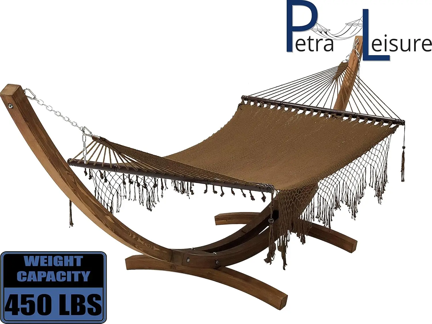 14 Ft. Wooden Arc Hammock Stand + Deluxe Hand Woven Bohemian Chic Rope Hammock Bed. 2 Person Bed. 450 LB Capacity