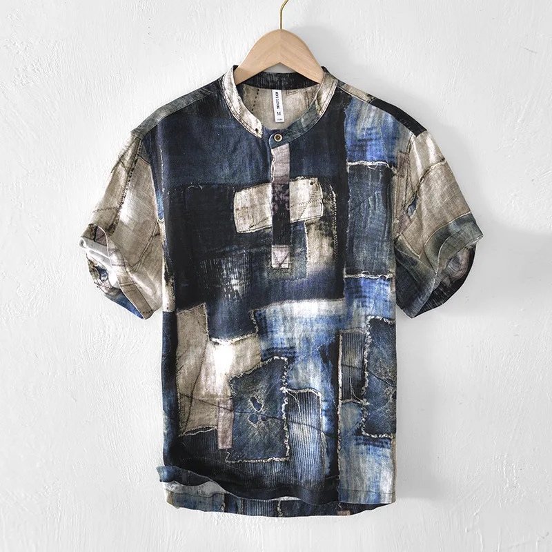 L939 100% Linen Mens Stand Collar T-Shirt Summer Short Sleeve Popular Dark Vintage Print Loose Casual Abstract Chinese Style Tee