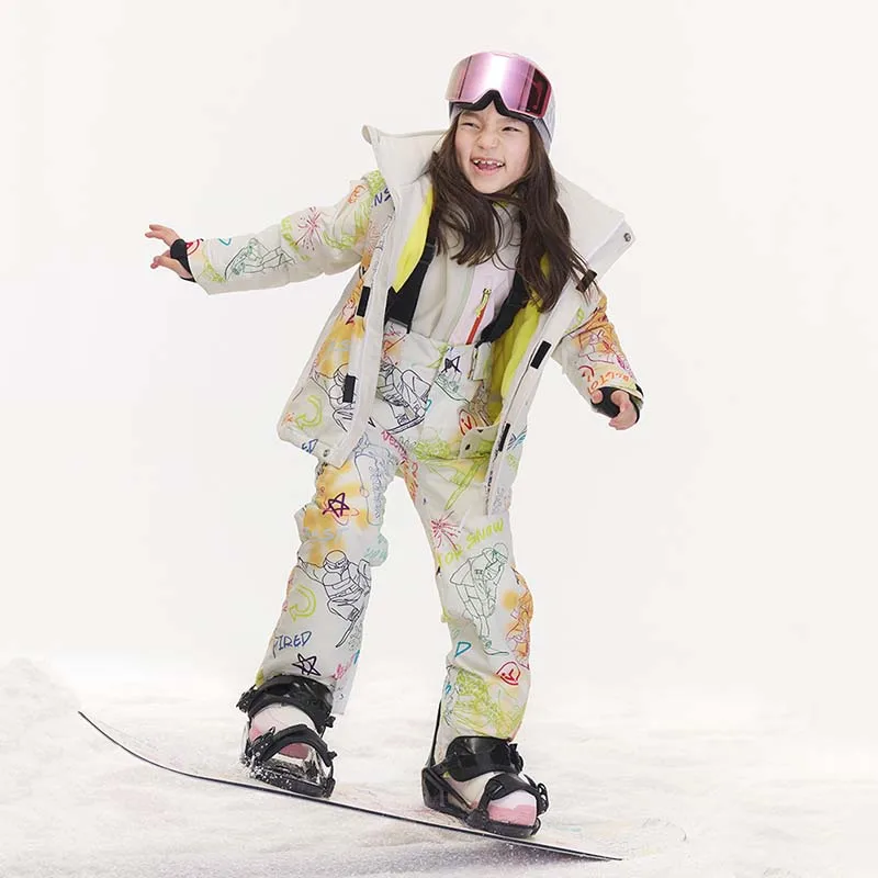 2025 New Winter Warm Girl Print Skiing Suits Windproof Waterproof Outdoor Children Sets Polyester Hooded Zipper Snowboarding Set