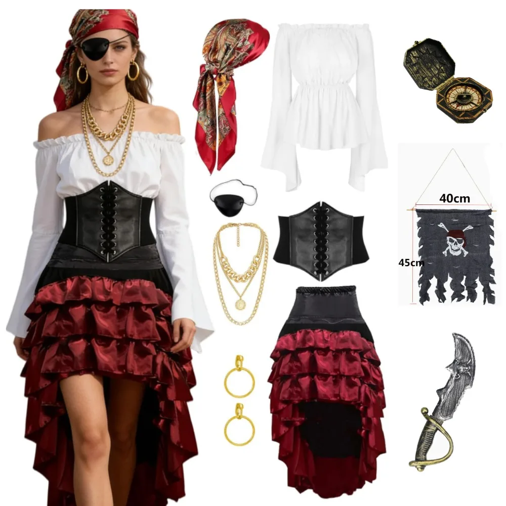 10 piezas de disfraz de corsario renacentista para mujer, conjunto de falda y top steampunk, accesorios de pirata, cinturón, disfraz completo de Halloween