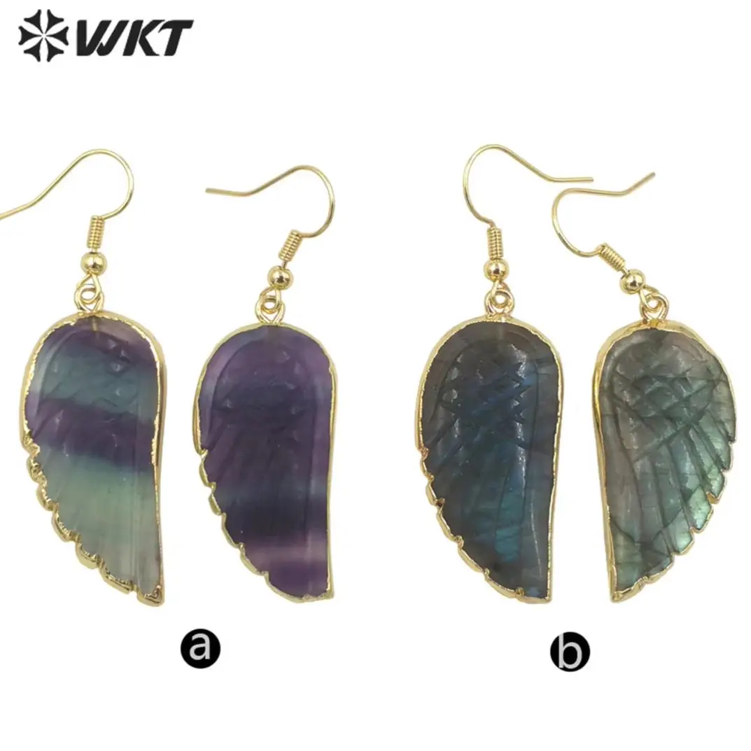 WKT-E738  WKT 2023 Amazing Style Fluorite And Labradorite  Earring  Dream Feather Shape Gold Plated Jewelry For Women Party SALE