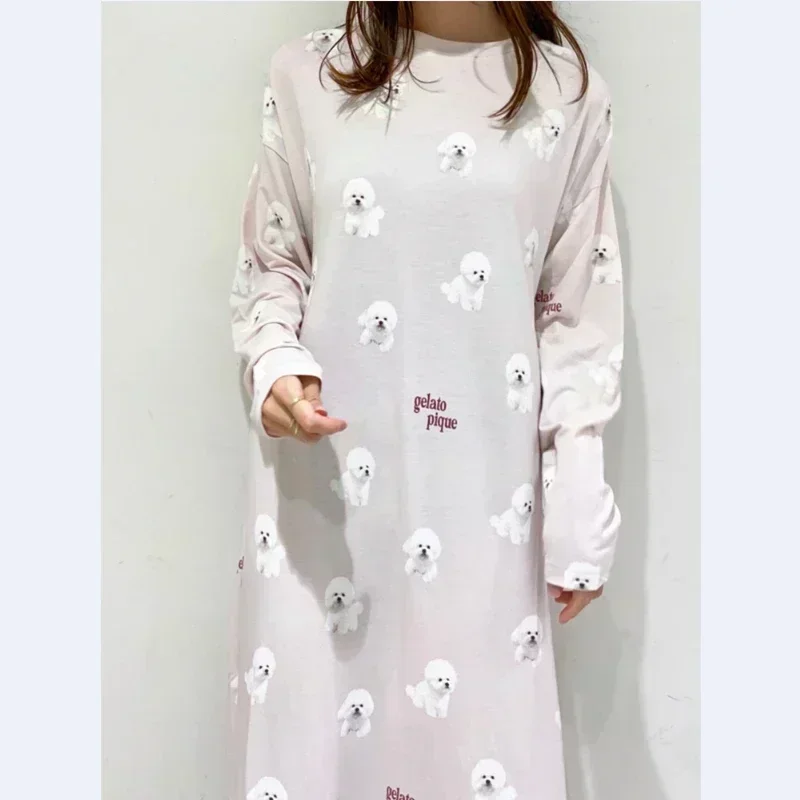 Room Wear Ladies Pajamas Autumn and Winter New Women\'s Nightdress Teddy Bichon Pomeranian Long Sleeve Dress Cotton