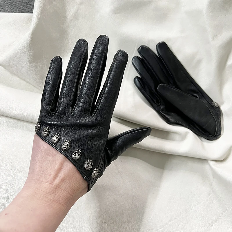 Skull decoration leather gloves with rivets sexy punk rock short leather gloves