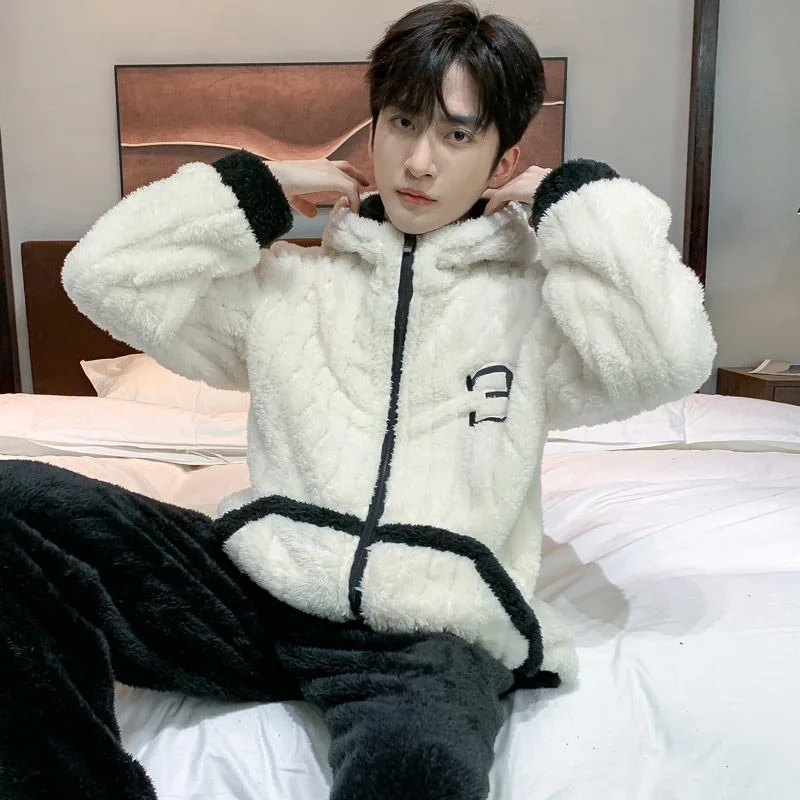 2024 New Fashion Coral Fleece Pajamas Men's Autumn Winter Thickened Sleepwear Fleece Home Wear Set Boys Casual Loungewear Suit