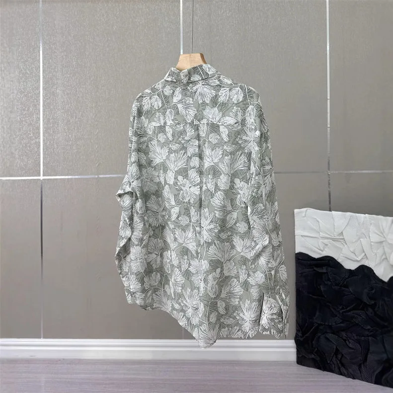 Spring Summer 2025 New Women Solid Color Print Shirt Long Sleeve Loose Simple Underwear Top Camisas