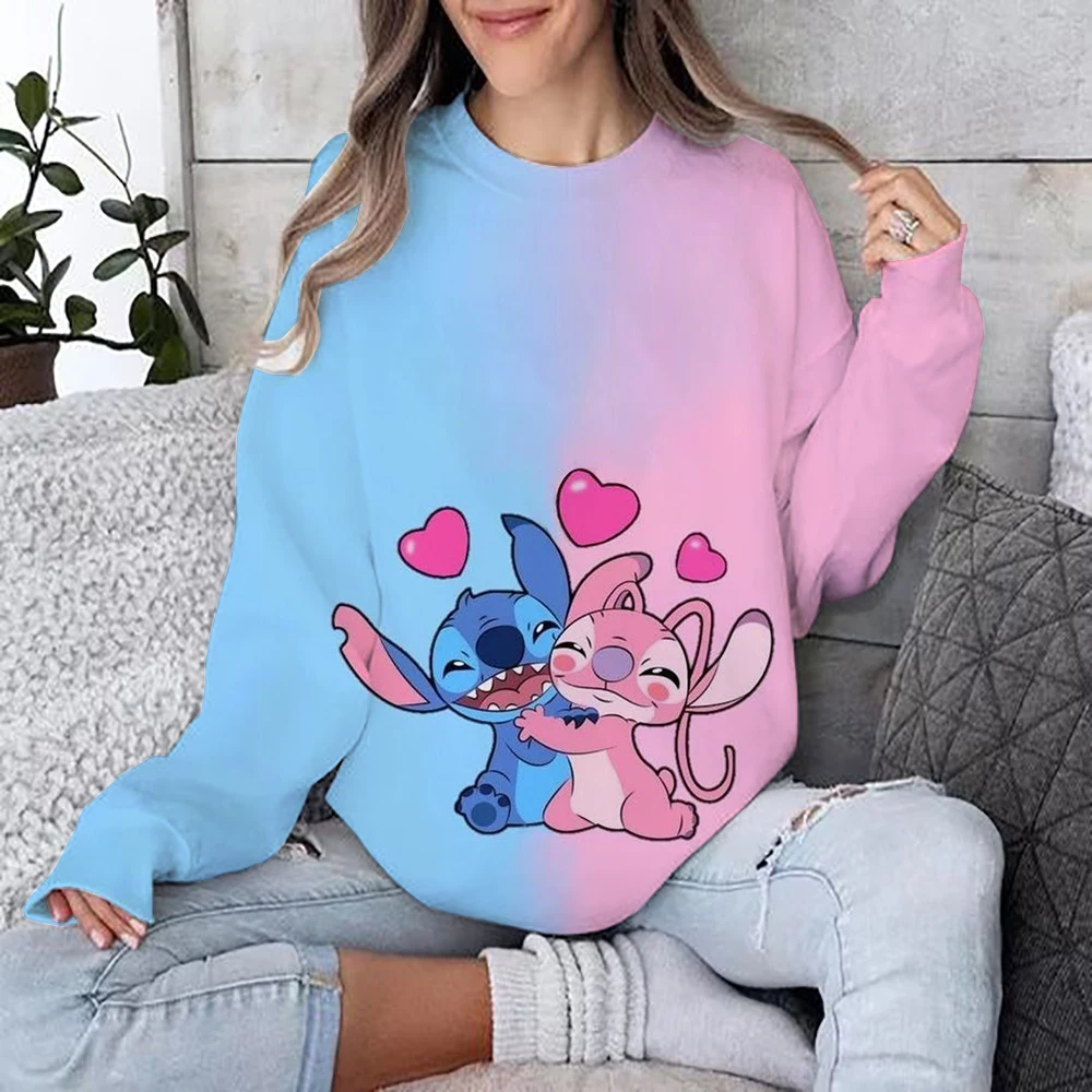 2024 nueva sudadera de dibujos animados de Disney Lilo & Stitch para mujer, Jersey holgado con cuello redondo, Top de manga larga con estampado divertido de otoño