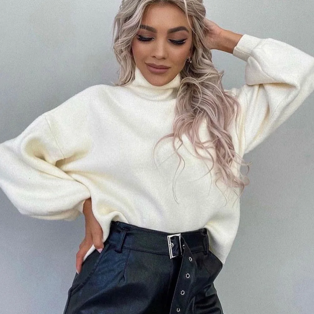 

Women's White Knitted Turtleneck Loose Sweater Autumn Black Fashion Long Sleeve Pullover Harajuku Oversized Sweater Office Lady