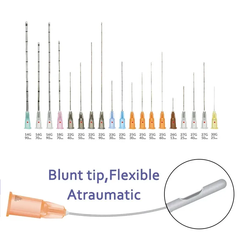 

50Pcs Disposable Blunt Cannula Set | 14G-30G Multi-Length Needles (25-120mm) | Flat Tip for Hyaluronic Acid Facial & Nose Filler