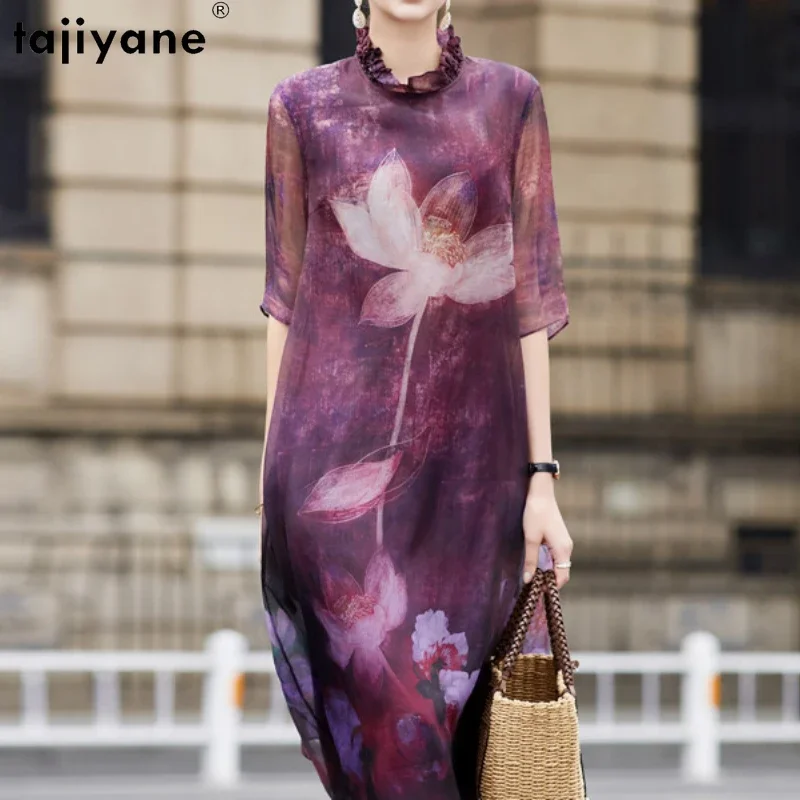 Tajiyane 2022 New 100% Summer Mulberry Silk Casual Dress for Women Elegant Midi Dress Loose Fashion Retro Floral Dresses Vestido