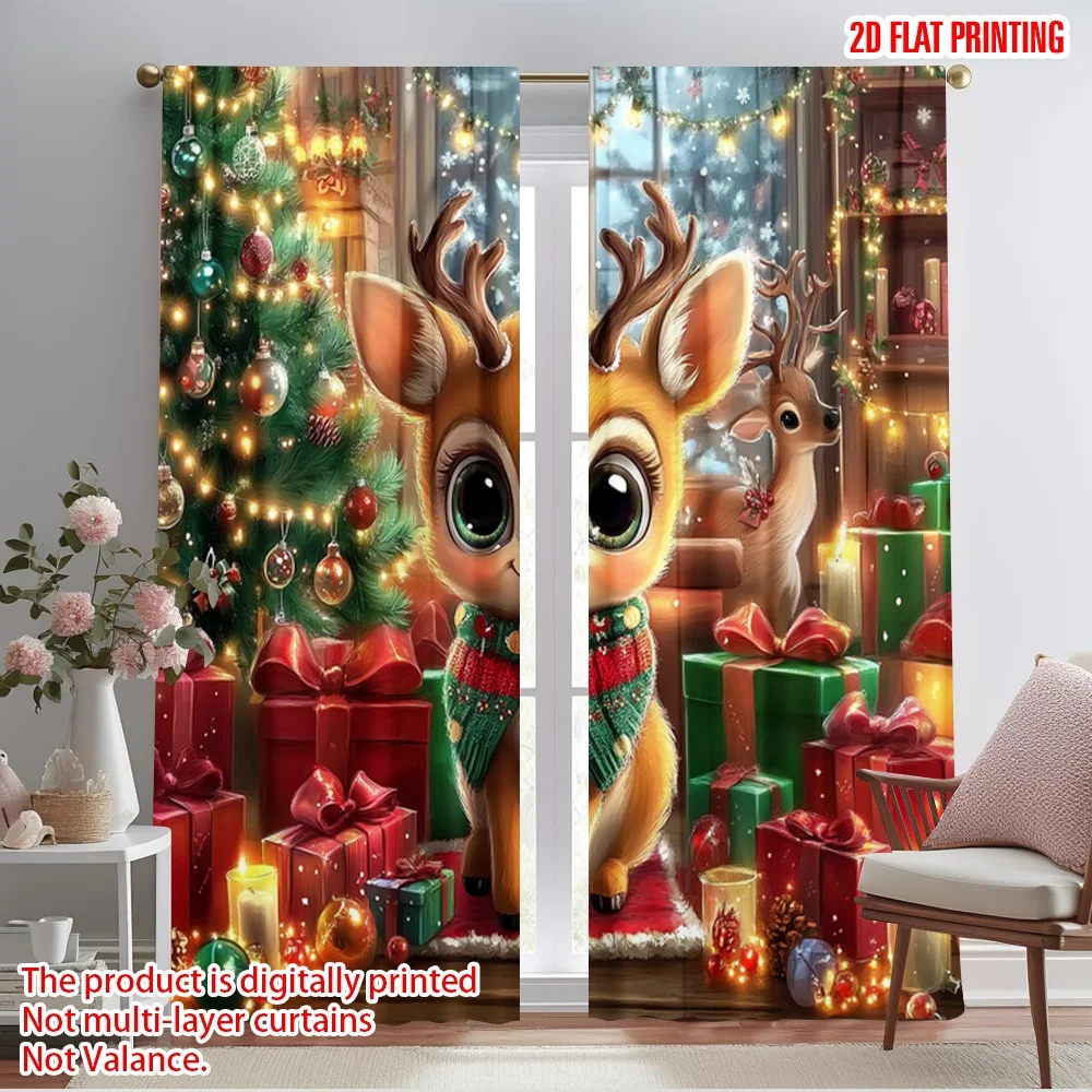 2pcs,2D plane printing Popular Curtain Panels Reindeer gift Versatile 100% Polyester (without rod) Decorations For Home for
