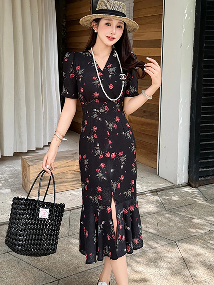 Feminino coreano vintage bodycon festival vestido de verão preto floral chique babados sereia vestido 2025 elegante luxo festa noite vestido