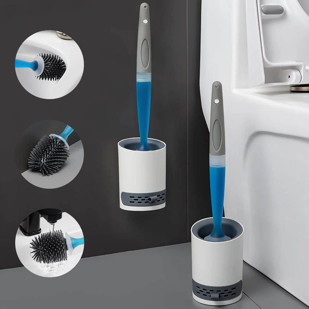 Toilet Brush Holder Set Silicone Toilet Brush with Refillable Handle Dispenser Bathroom Scrubber Cleaner Toilet Brush