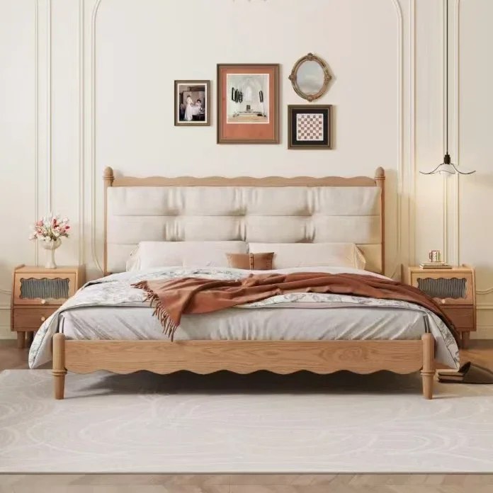 

# Горячие для высококачественных деревянных кровати, вилла, спальня, каркас кровати, изголовье с рябью, деревенский дом, King Queen, двойной деревянный каркас кровати