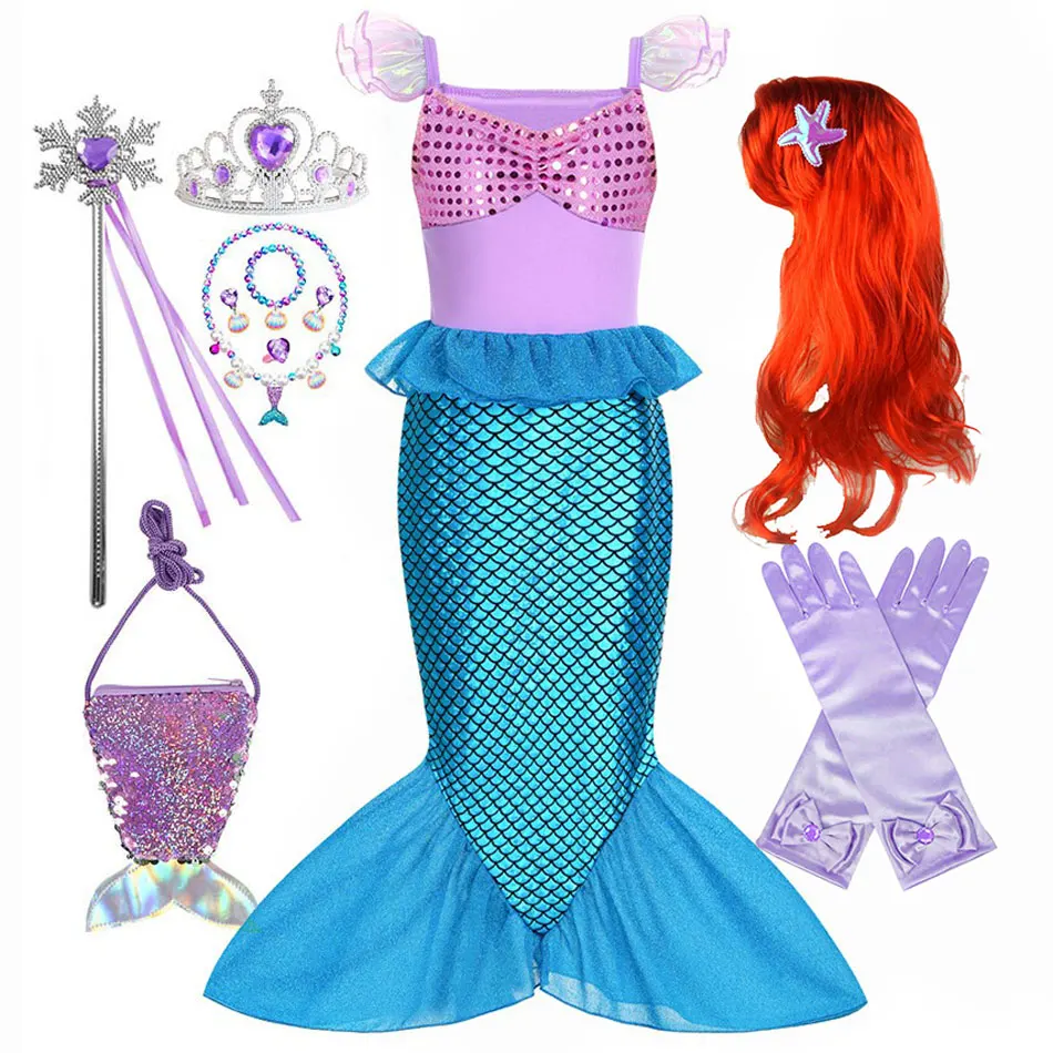 

Halloween Costume for Girls Small Mermaid Flying Sleeve Sequin Dress Children Baby Foreign Style Sleeveless Princess Vestidos