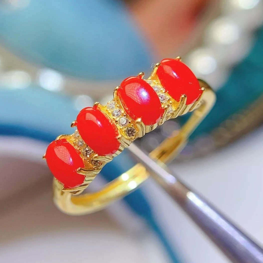 

925 Sterling Silver Natural Red Coral Ring with Certificate 5x3mm Oval Cut Half Eternity Band Fine Jewelry