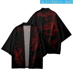 Summer Couple Women Men Japanese Streetwear Red Chinese Dragon Printed Black Kimono Beach Shorts Traditional Cardigan Yukata