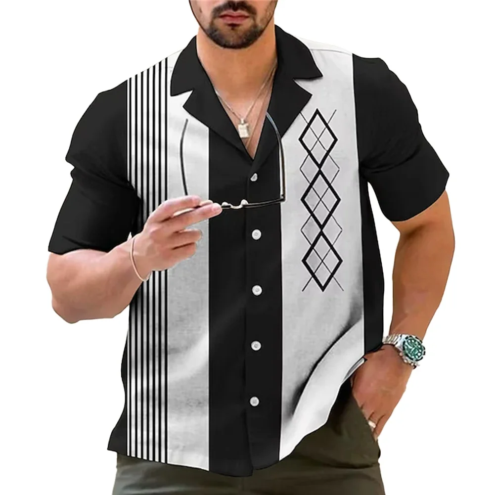 

Men’s Casual Vintage Bowling Attire Stripes Design Short Sleeve Shirt Button Down Perfect for Casual and Party Gatherings