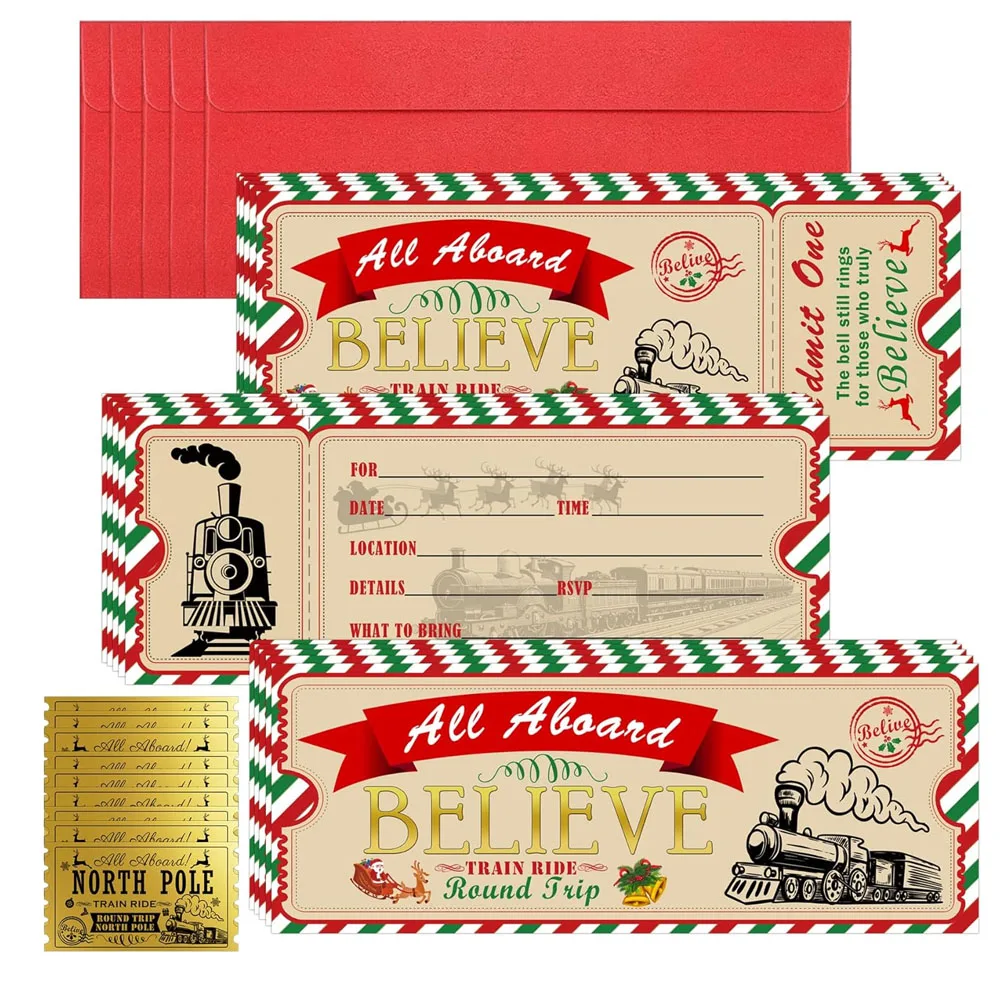 Christmas Believe Train Ticket Invitations Card Vintage Believe Train Invitations with Envelopes Christmas Believe Ticket 10Pack