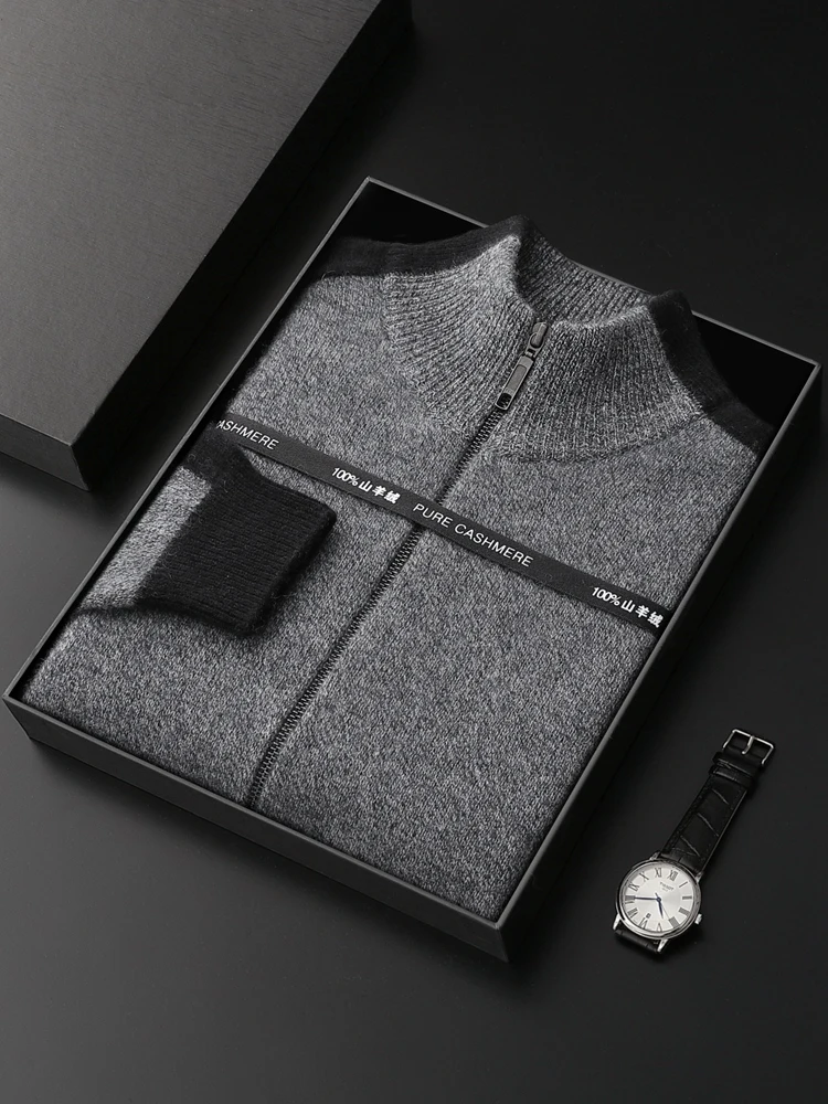 CHICUU Men's 100% Cashmere Sweater Mock Neck Zipper Cardigan Thickness Smart Casual Cashmere Knitwear Coat Autumn Winter Tops