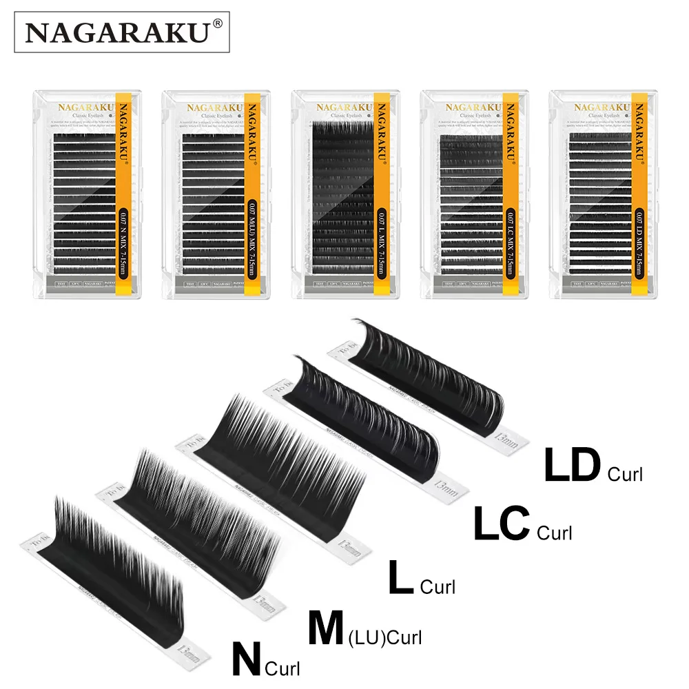 Extensiones de Pestañas Individuales de Visón Sintético NAGARAKU, 16 Líneas, Curvatura N M L LC LD, 7-15mm, Mezcla de Pestañas Postizas de Alta Calidad