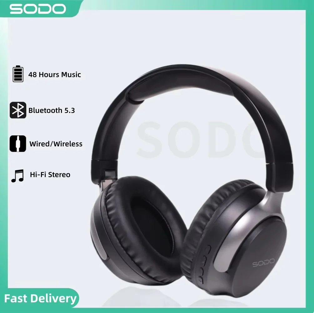 سماعات رأس SODO SD1103 لاسلكية تعمل بالبلوتوث 5.3 فوق الأذن، ستيريو HiFi وقت تشغيل 48 ساعة، سماعة رأس رياضية قابلة للطي مع دعم TF/AUX
