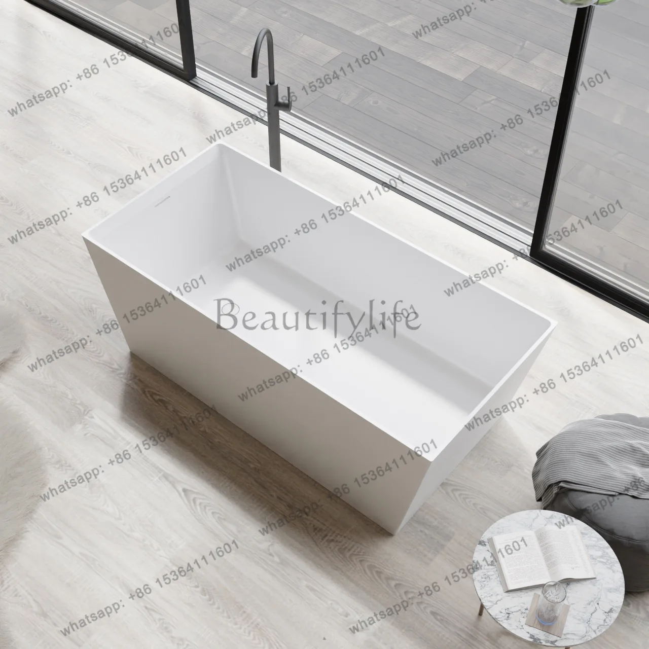 

Polymer artificial stone square bathtub, independent integrated Qimei stone household bathtub