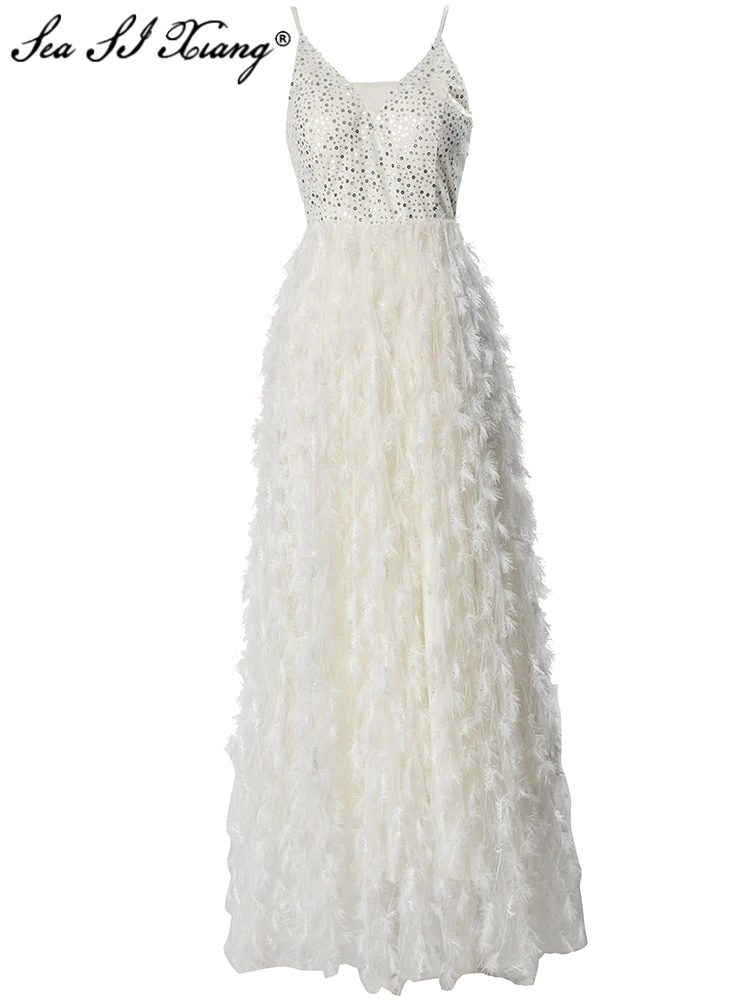 

Seasixiang Fashion Designer Summer Backless Long Dress Women's Spaghetti Strap Sequins Feathers High Waist Elegant Evening Dress